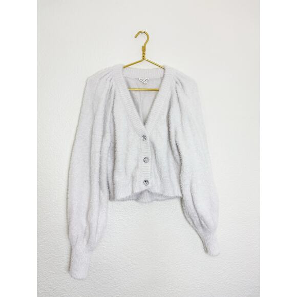For Love & Lemons Fiona White Cardigan Size Large Fuzzy Puff Sleeve Rhinestone - Picture 3 of 14